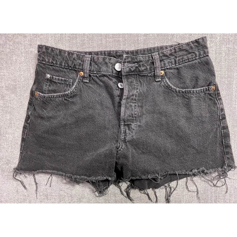 HM 90s Boyfriend Low Waist Shorts Womens 4 Black Denim Dark Wash Raw Hem
